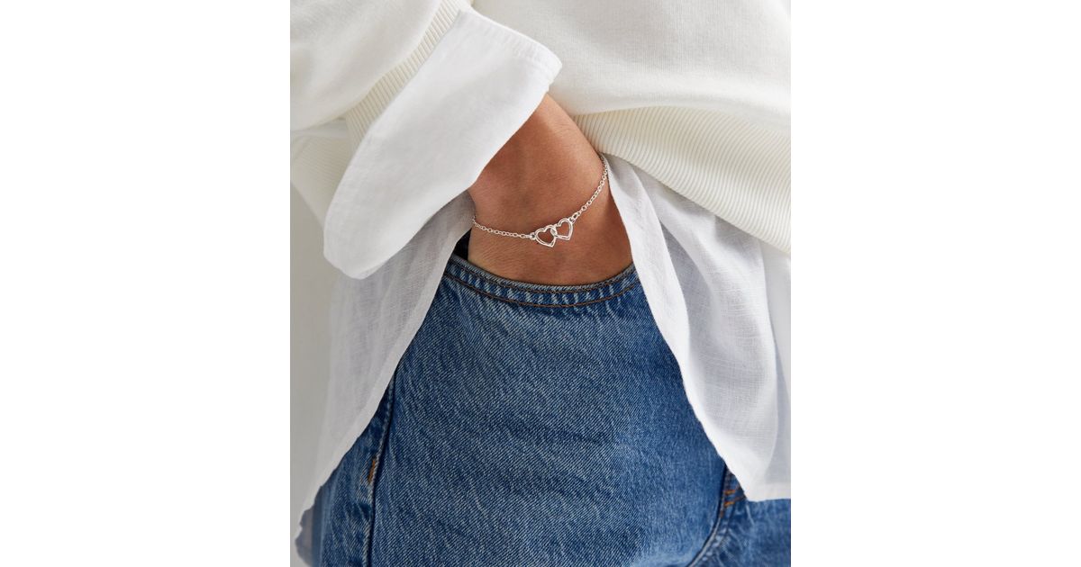 Silver Double Heart Link Chain Bracelet New Look