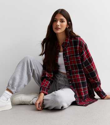 Red Cotton Check Long Sleeve Collared Shirt