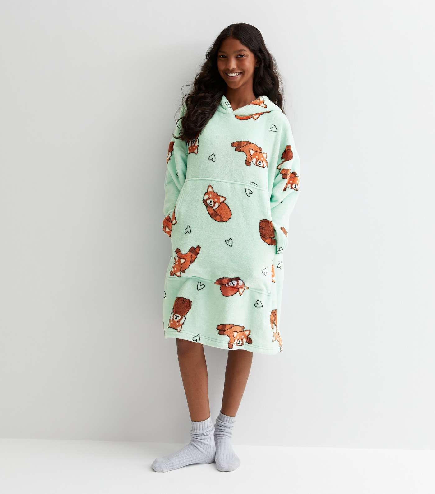 Girls Green Red Panda Print Fleece Oversized Blanket Hoodie Image 2