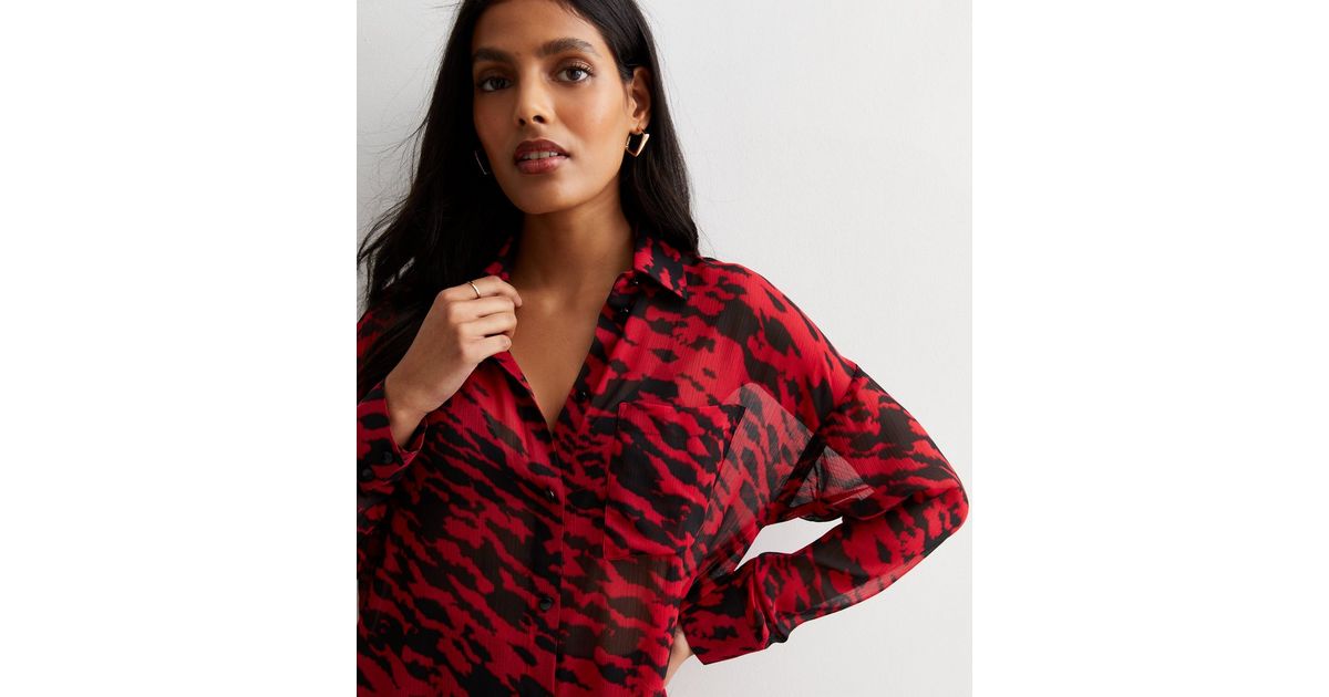 Curves Red Abstract Print Chiffon Long Sleeve Shirt