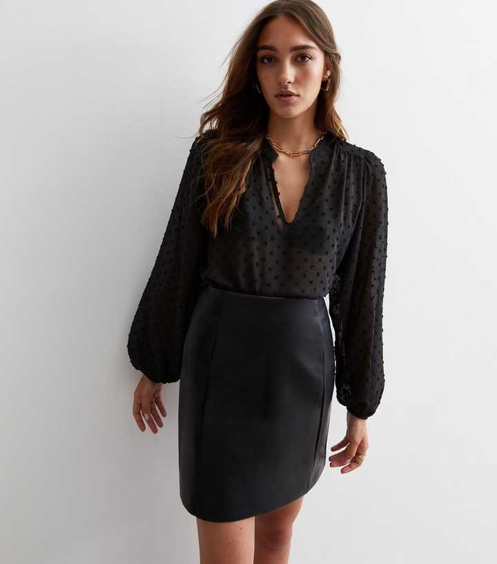 Black Spot Embroidered Chiffon Puff Sleeve Blouse