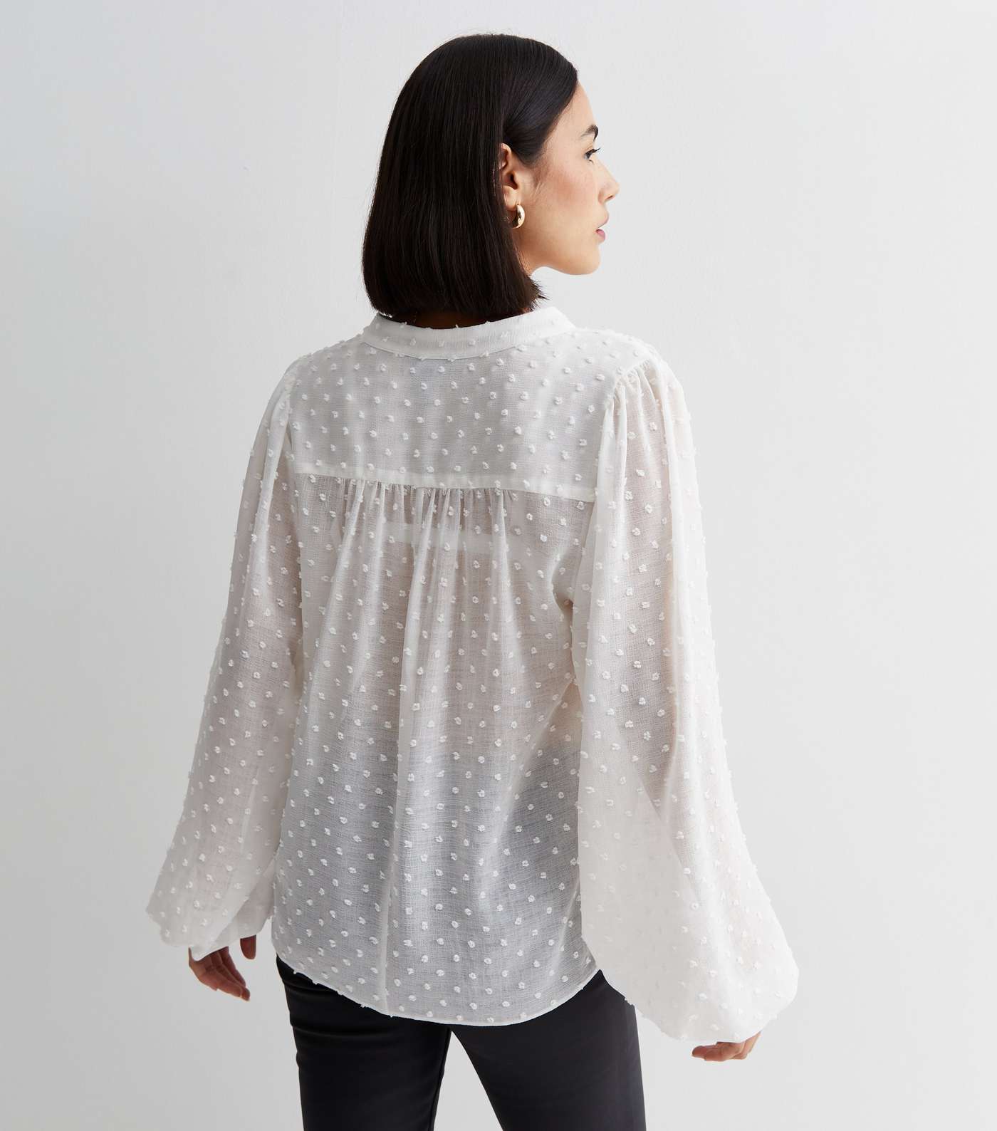 Off White Spot Embroidered Chiffon Puff Sleeve Blouse Image 4