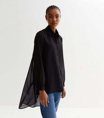 Curves Black Wave Chiffon Dip Hem Shirt