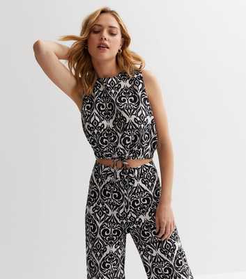 Black Abstract Print Cotton Tie Hem Top