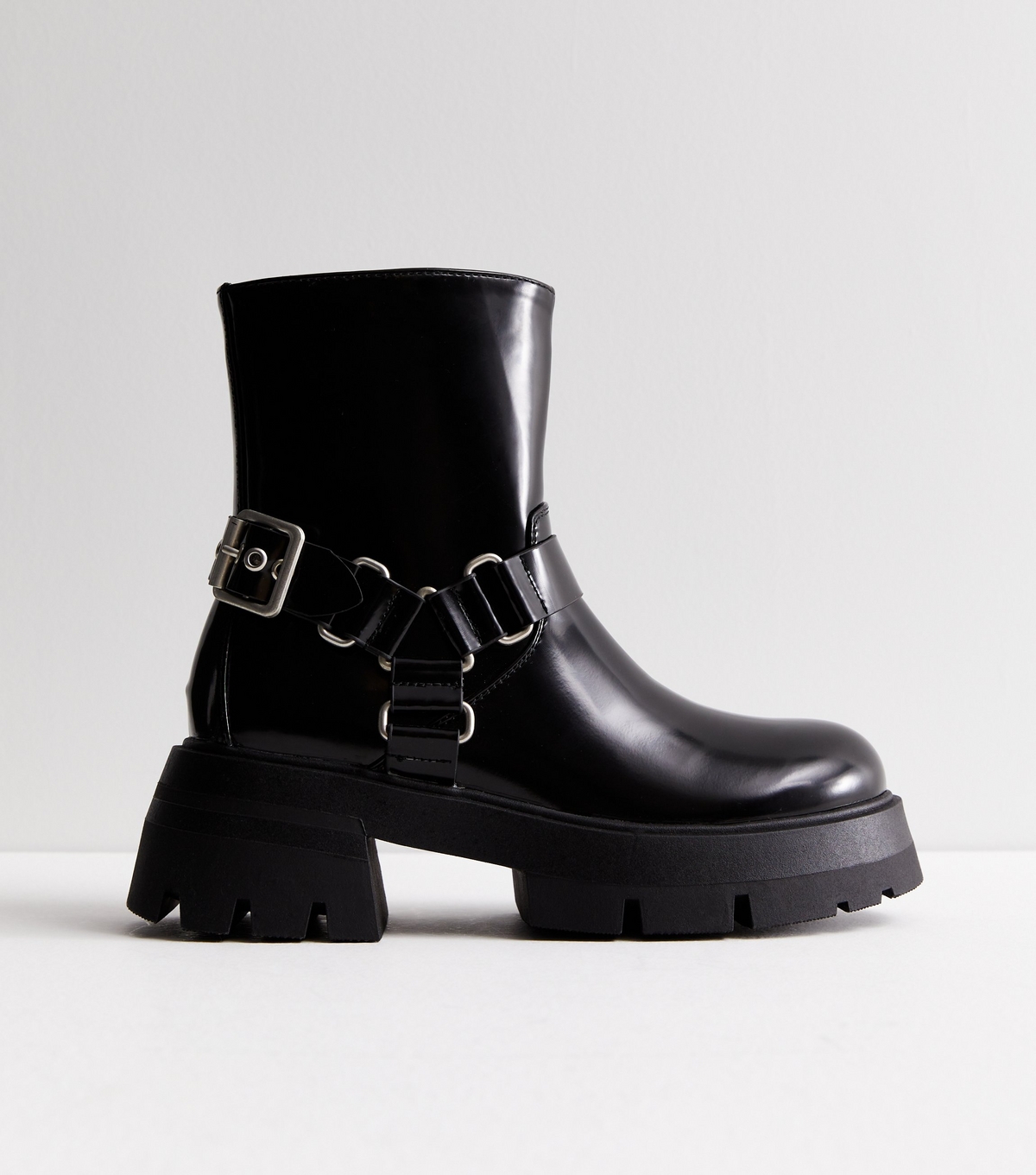 Women's Black Leather-Look Chunky Biker Boots Public Desire New Look