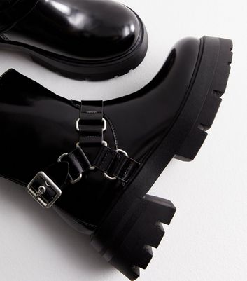 Public Desire Black Leather-Look Chunky Biker Boots New Look