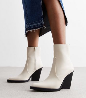 Public Desire Cream Leather-Look Pointed Block Heel Ankle Boots New Look