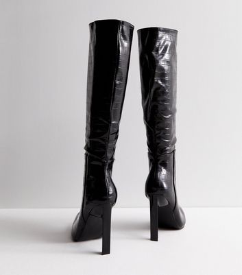 Public Desire Black Leather-Look Knee High Heeled Boots New Look