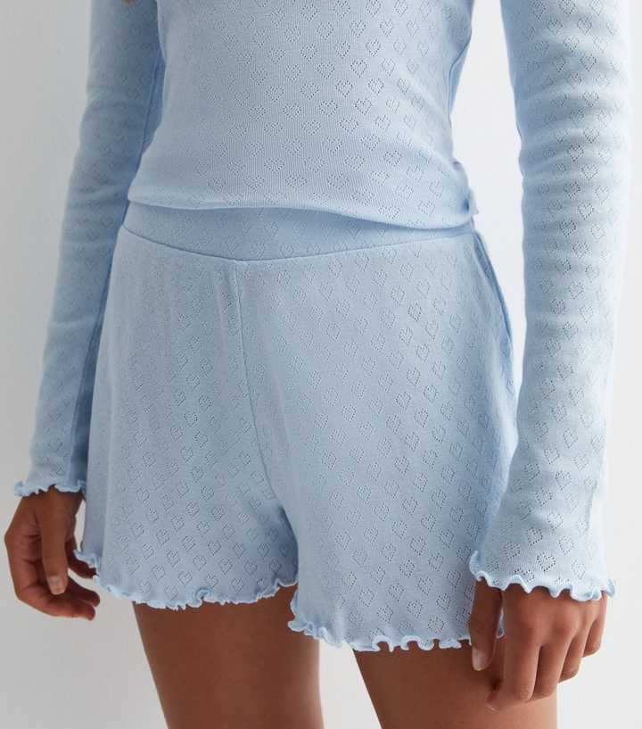 Girls Pale Blue Pointelle Cotton Short Pyjama Set with Heart Pattern