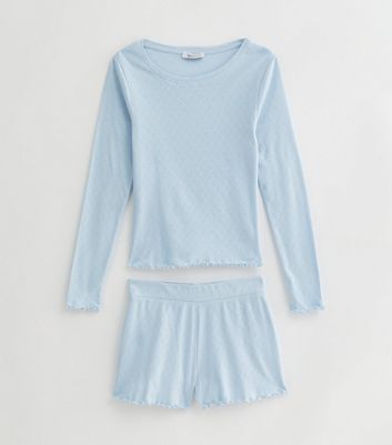 Girls Pale Blue Pointelle Cotton Short Pyjama Set with Heart Pattern New Look