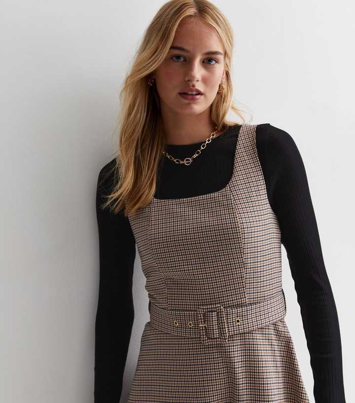 Tall Brown Check Belted Pinafore Mini Dress