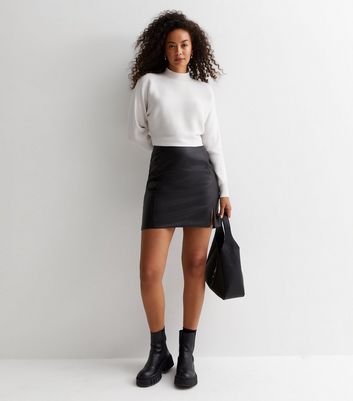 Tall Black Leather-Look Split Hem Mini Skirt New Look