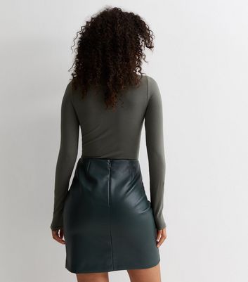 Tall Dark Green Leather-Look Split Hem Mini Skirt New Look