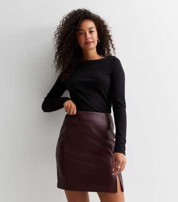 Tall Burgundy Leather-Look Split Hem Mini Skirt