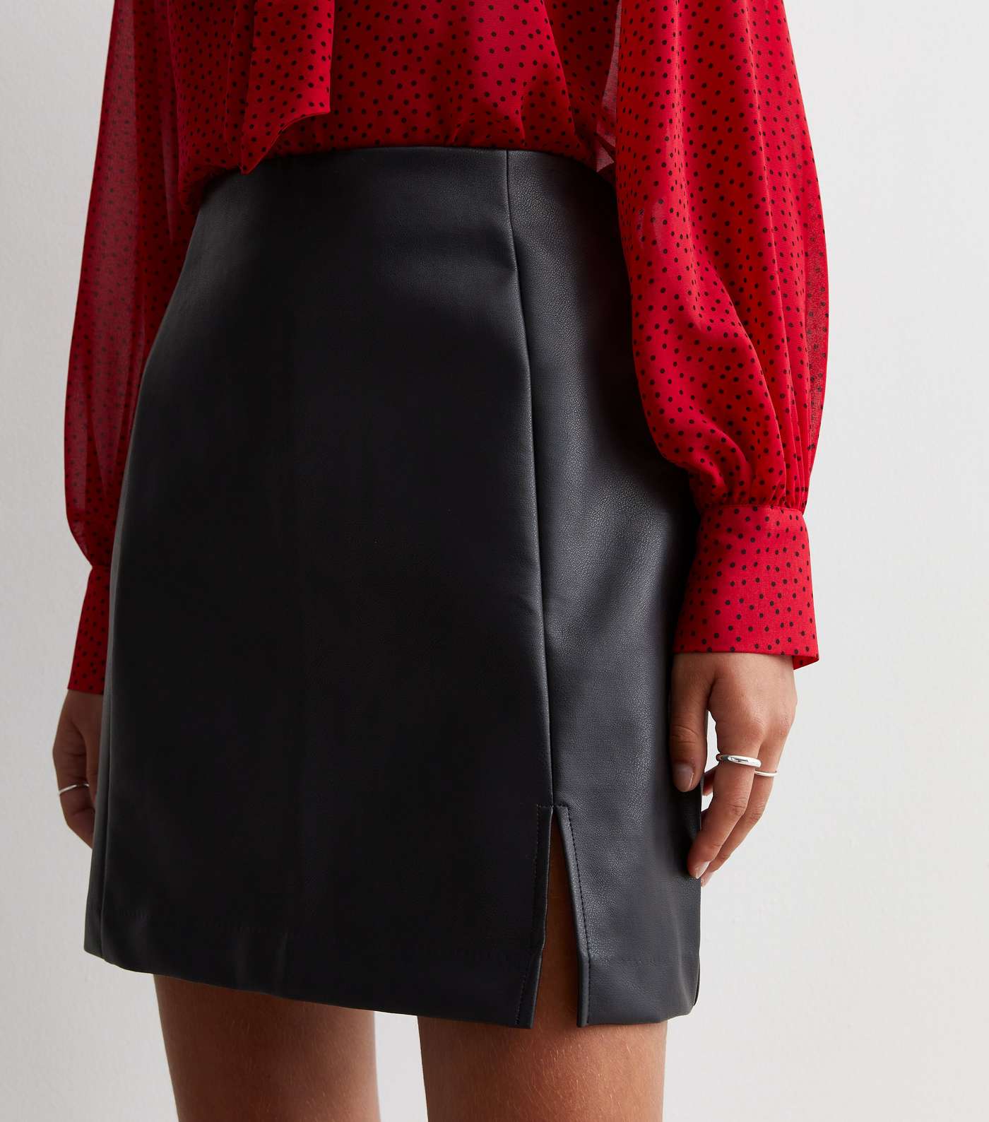 Curves Black Leather-Look Split Hem Mini Skirt