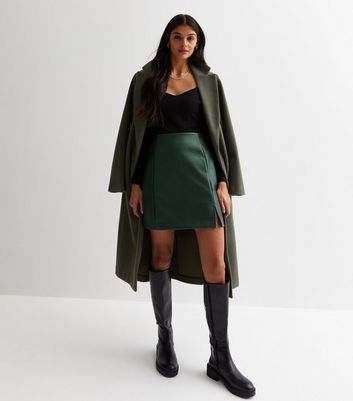 Dark Green Leather-Look Split Hem Mini Skirt New Look