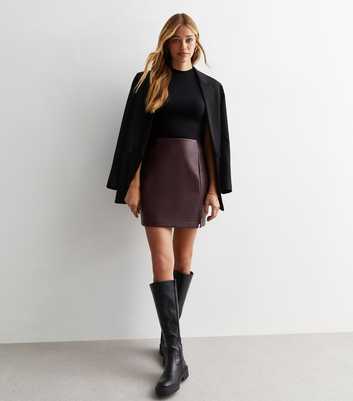 Burgundy Leather-Look Split Hem Mini Skirt