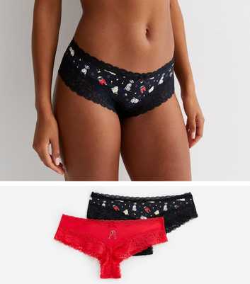 2 Pack Red Champagne and Black Dog Print Lace Brazilian Briefs