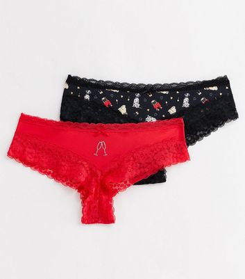 2 Pack Red Champagne and Black Dog Print Lace Brazilian Briefs New Look