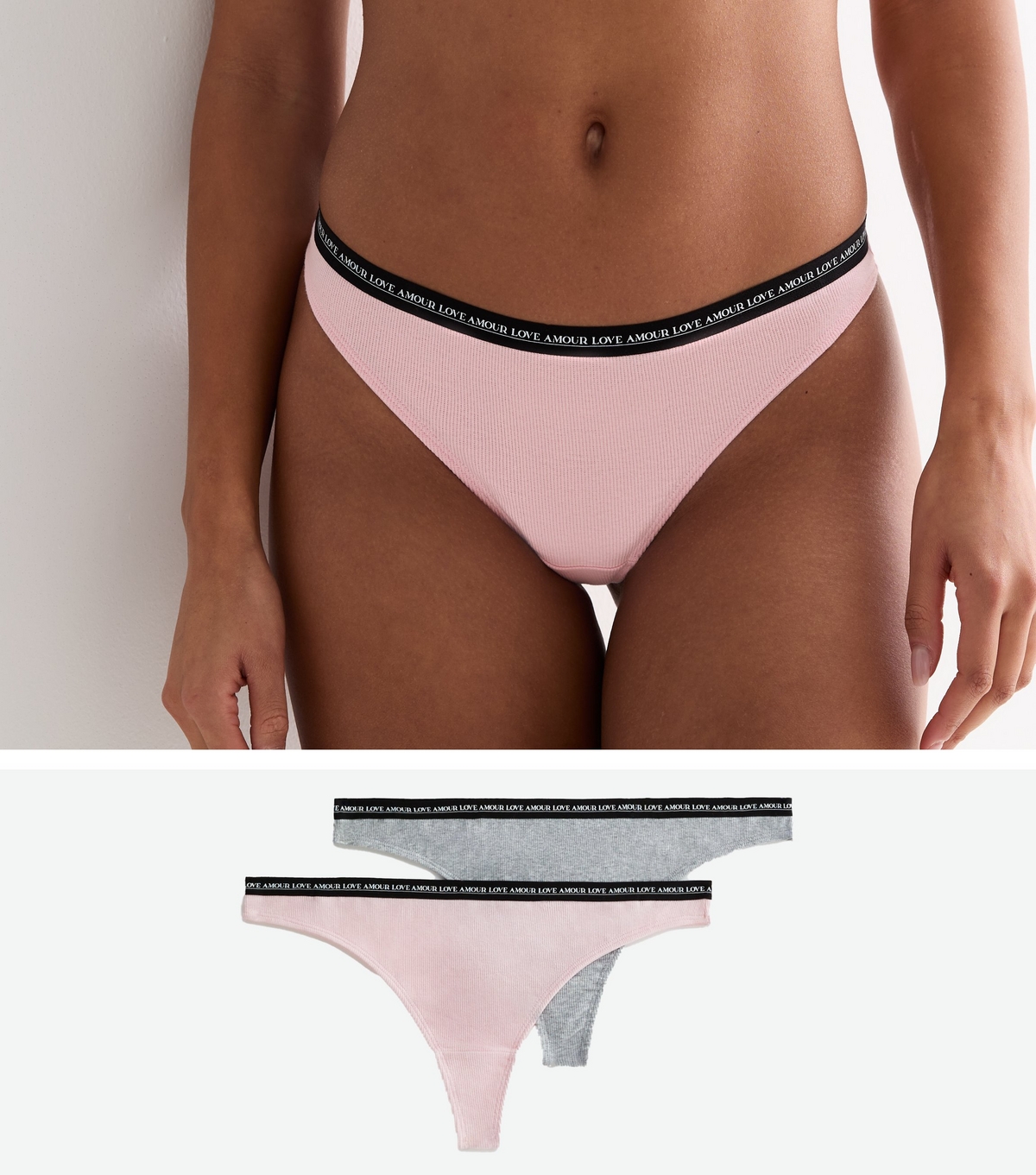 Women's 2 Pack Pale Pink and Grey Ribbed Logo Band Thongs New Look