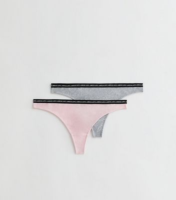 2 Pack Pale Pink and Grey Ribbed Logo Band Thongs New Look