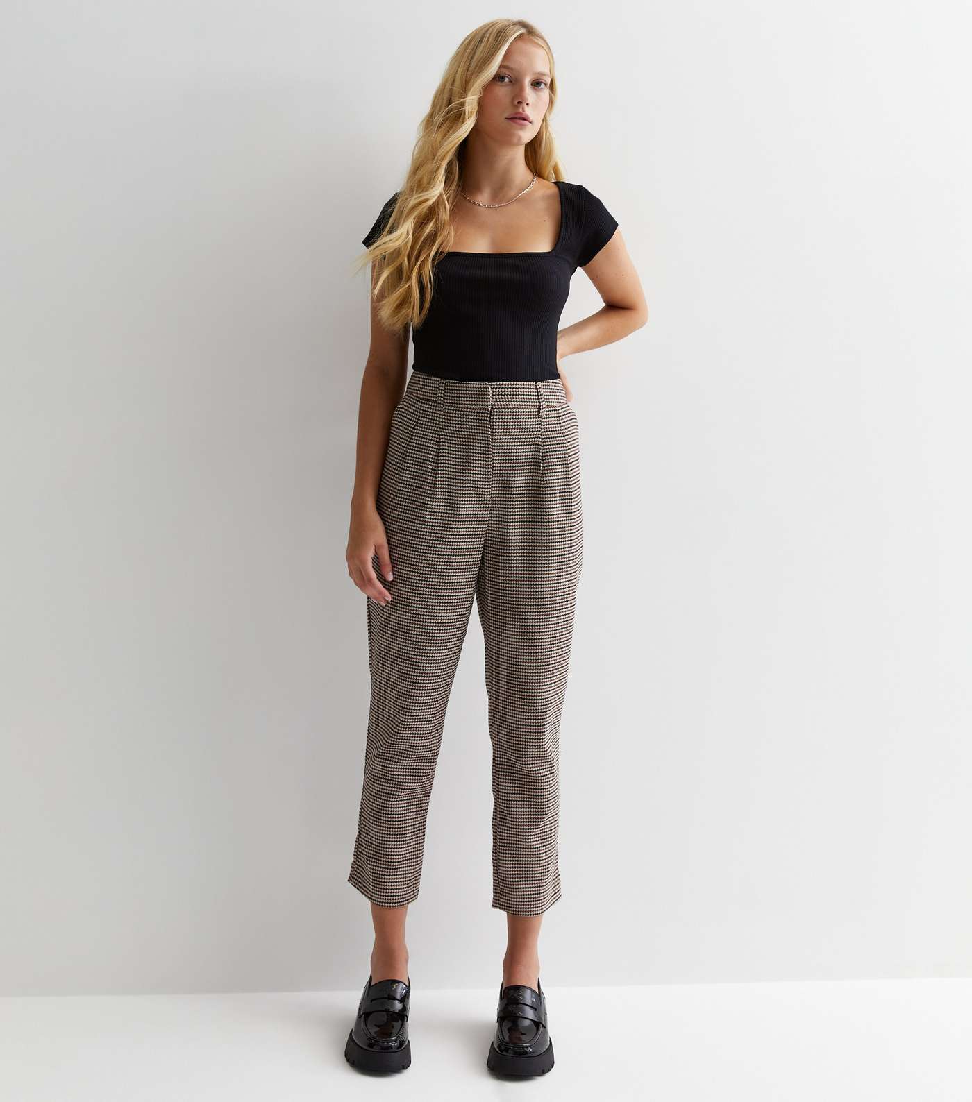 Petite Brown Heritage Check High Waist Tapered Trousers Image 2