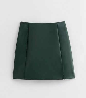 Petite Dark Green Leather-Look Split Hem Mini Skirt New Look