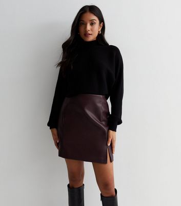 Petite Burgundy Leather-Look Split Hem Mini Skirt New Look