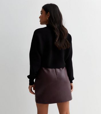 Petite Burgundy Leather Look Split Hem Mini Skirt New Look