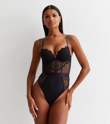 Black Lace Diamante Detail Push Up Bodysuit New Look