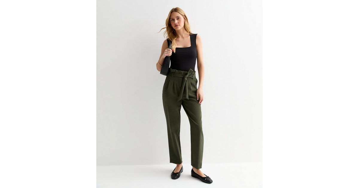 Khaki High Waist Paperbag Trousers