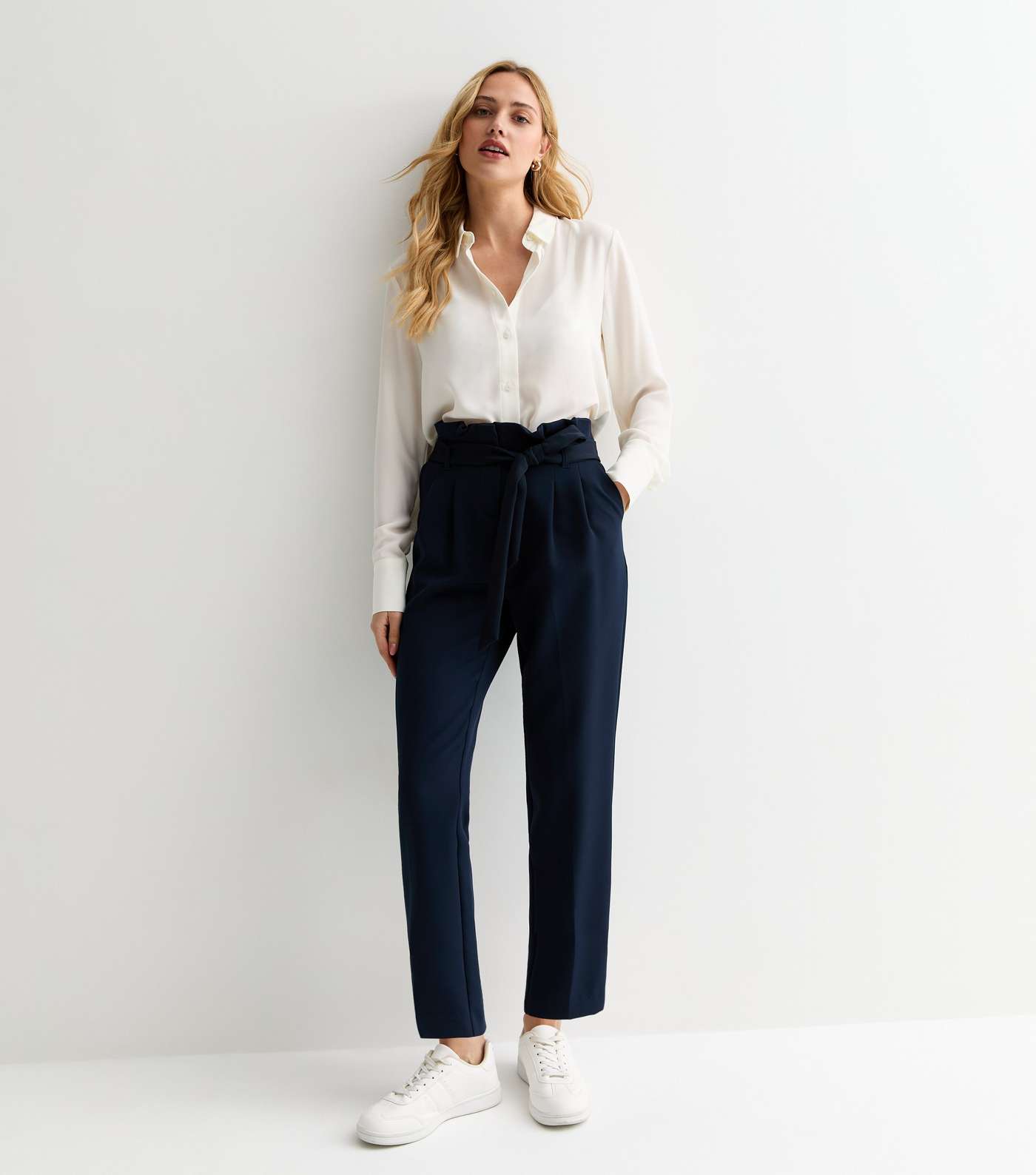 Navy High Waist Paperbag Trousers Image 2