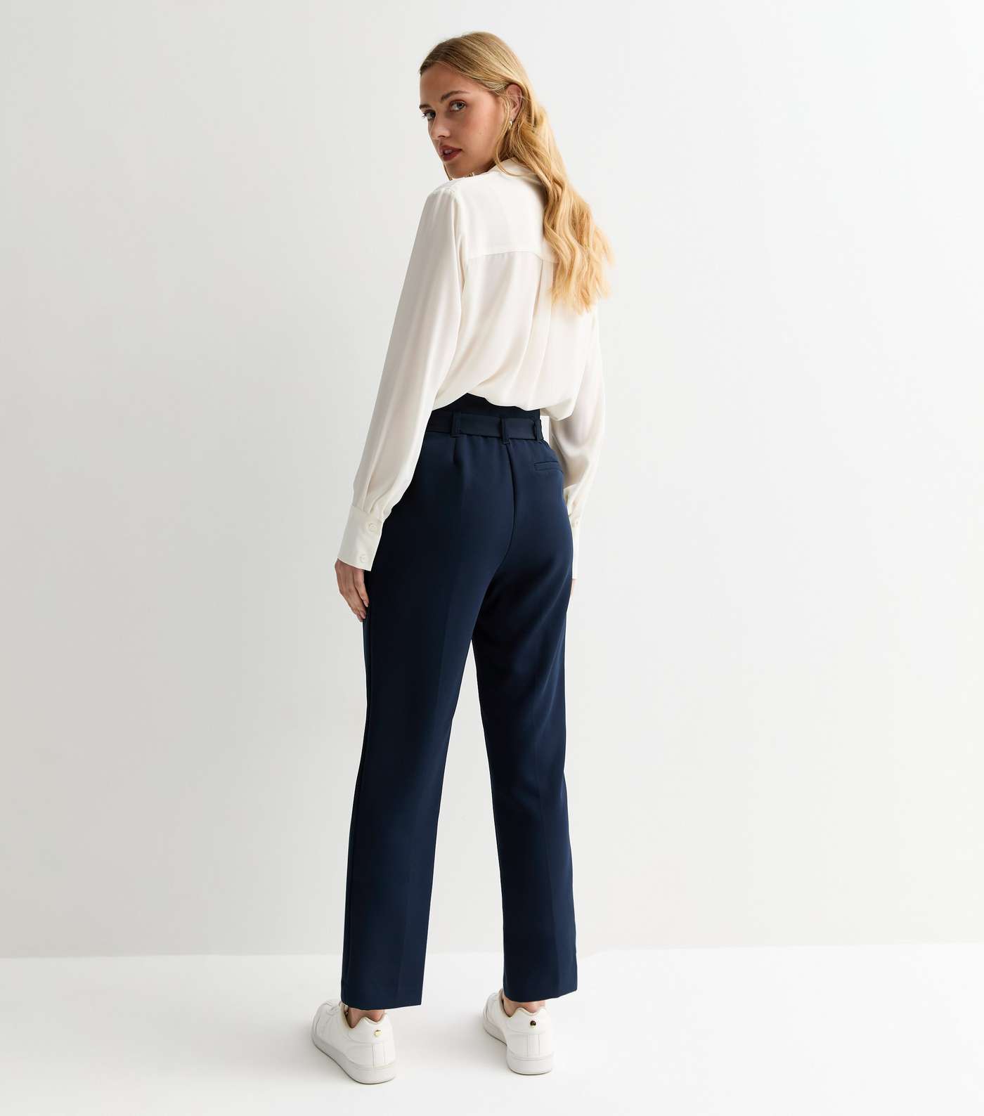 Navy High Waist Paperbag Trousers Image 4