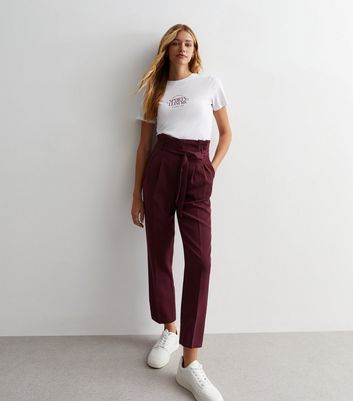 Burgundy High Waist Paperbag Trousers New Look