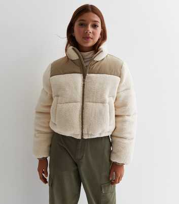 Girls Cream Borg Contrast Yoke Puffer Jacket