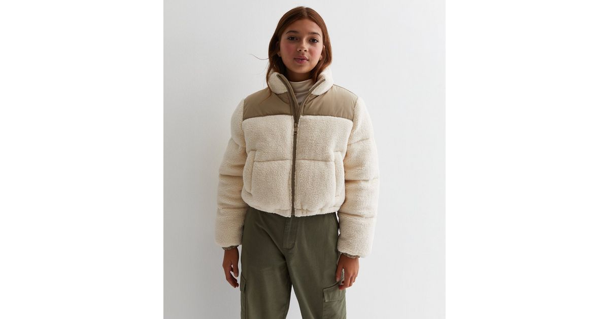 Girls Cream Contrast Yoke Puffer Jacket New Look