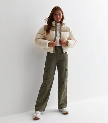 Girls Cream Contrast Yoke Puffer Jacket New Look