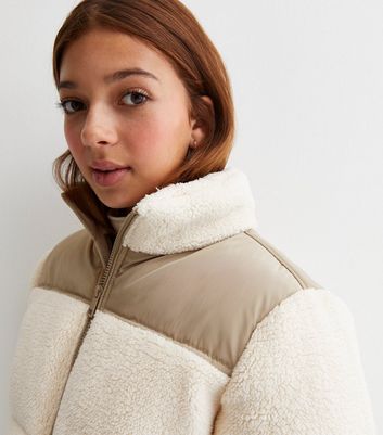 Girls Cream Borg Contrast Yoke Puffer Jacket New Look