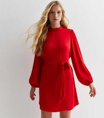 Petite Red High Neck Belted Mini Dress