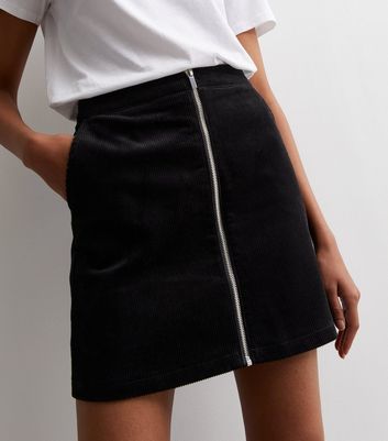 Black Cord Zip Front Mini Skirt New Look