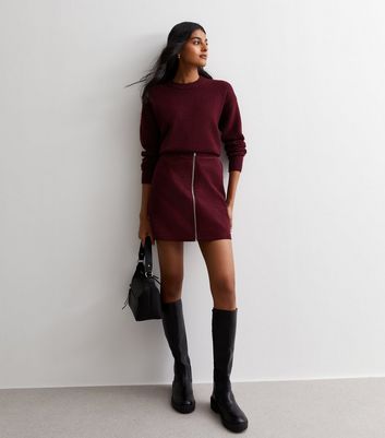 Burgundy Cord Zip Front Mini Skirt New Look