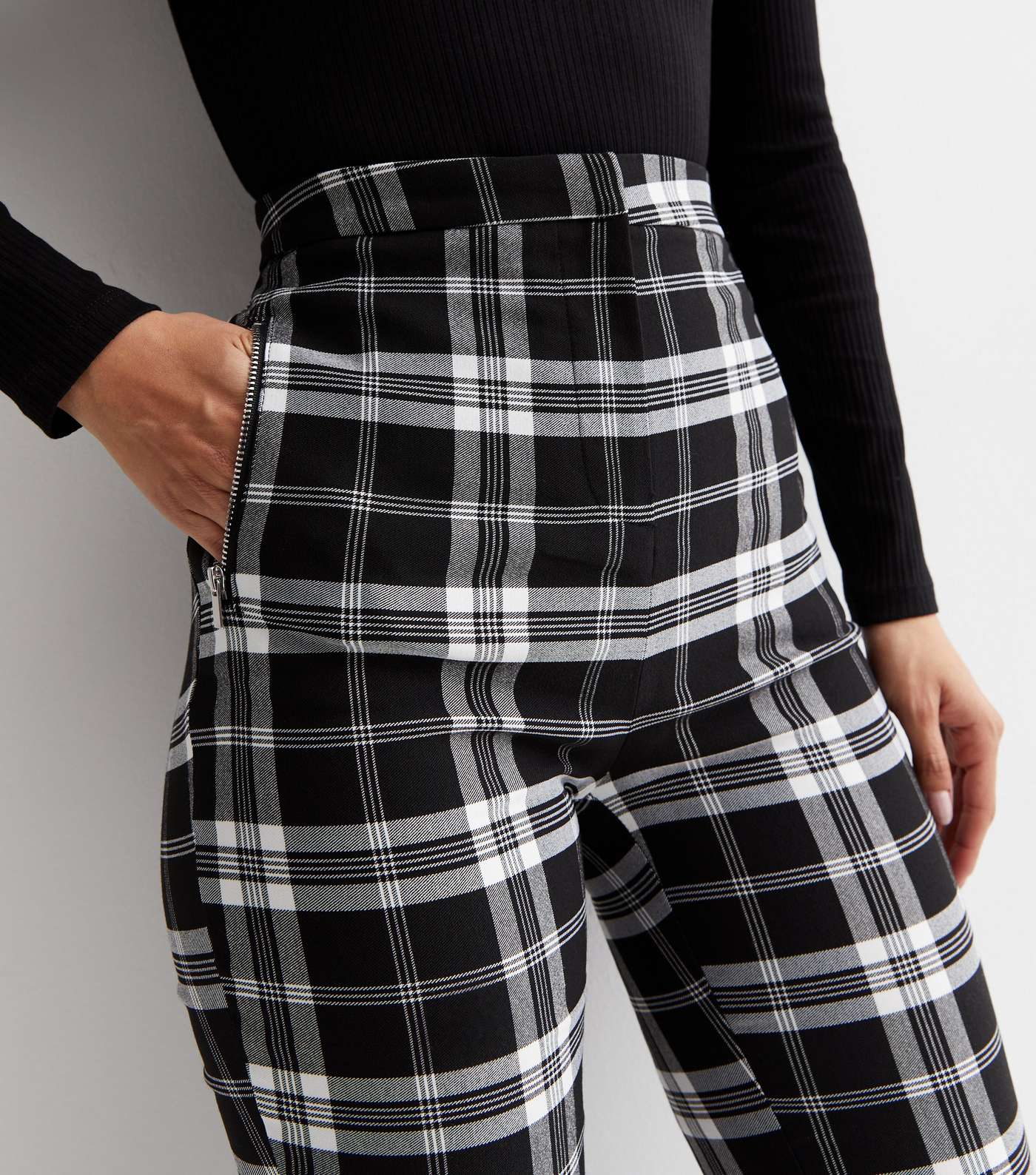 Black Check High Waist Slim Fit Trousers Image 2