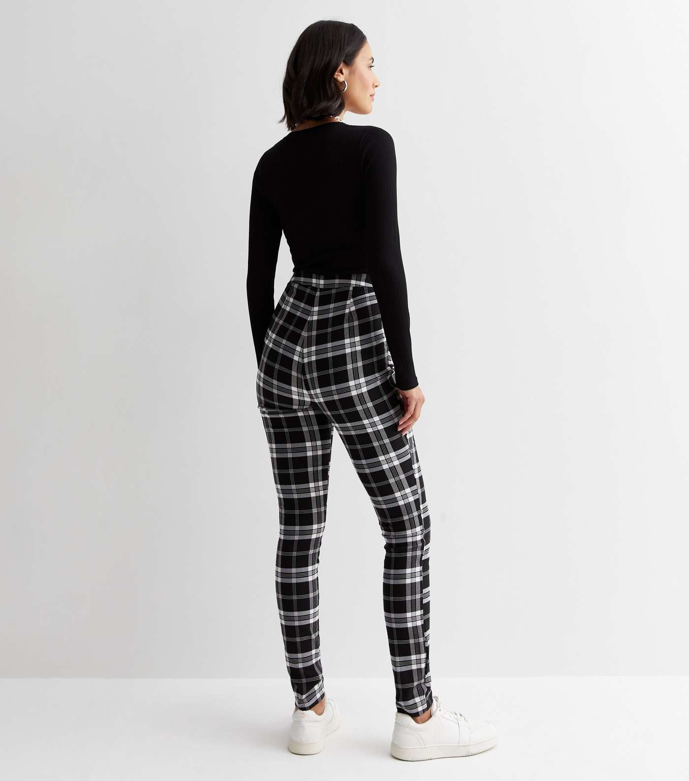 Black Check High Waist Slim Fit Trousers Image 4