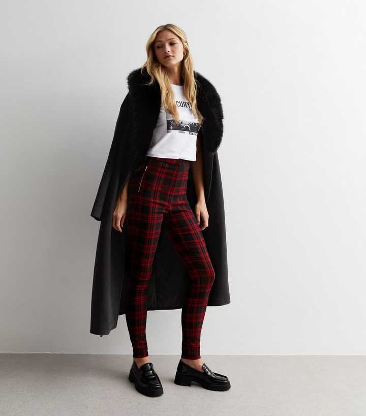 Red Check Print High Waist Slim Fit Trousers