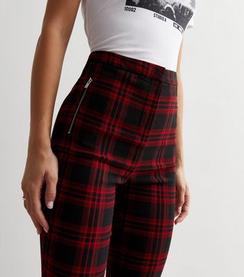 Red Check Print High Waist Slim Fit Trousers New Look