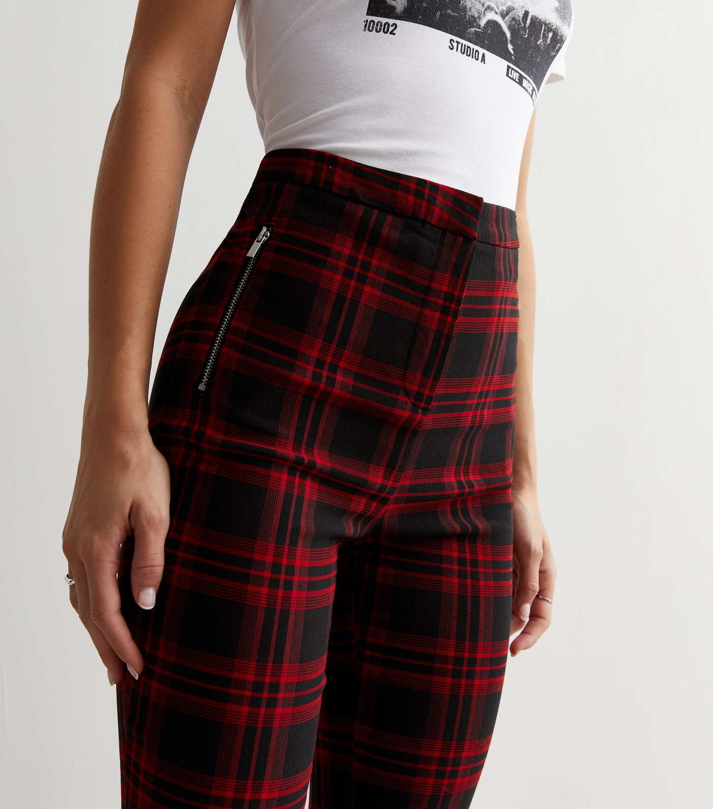 Red Check Print High Waist Slim Fit Trousers Image 2