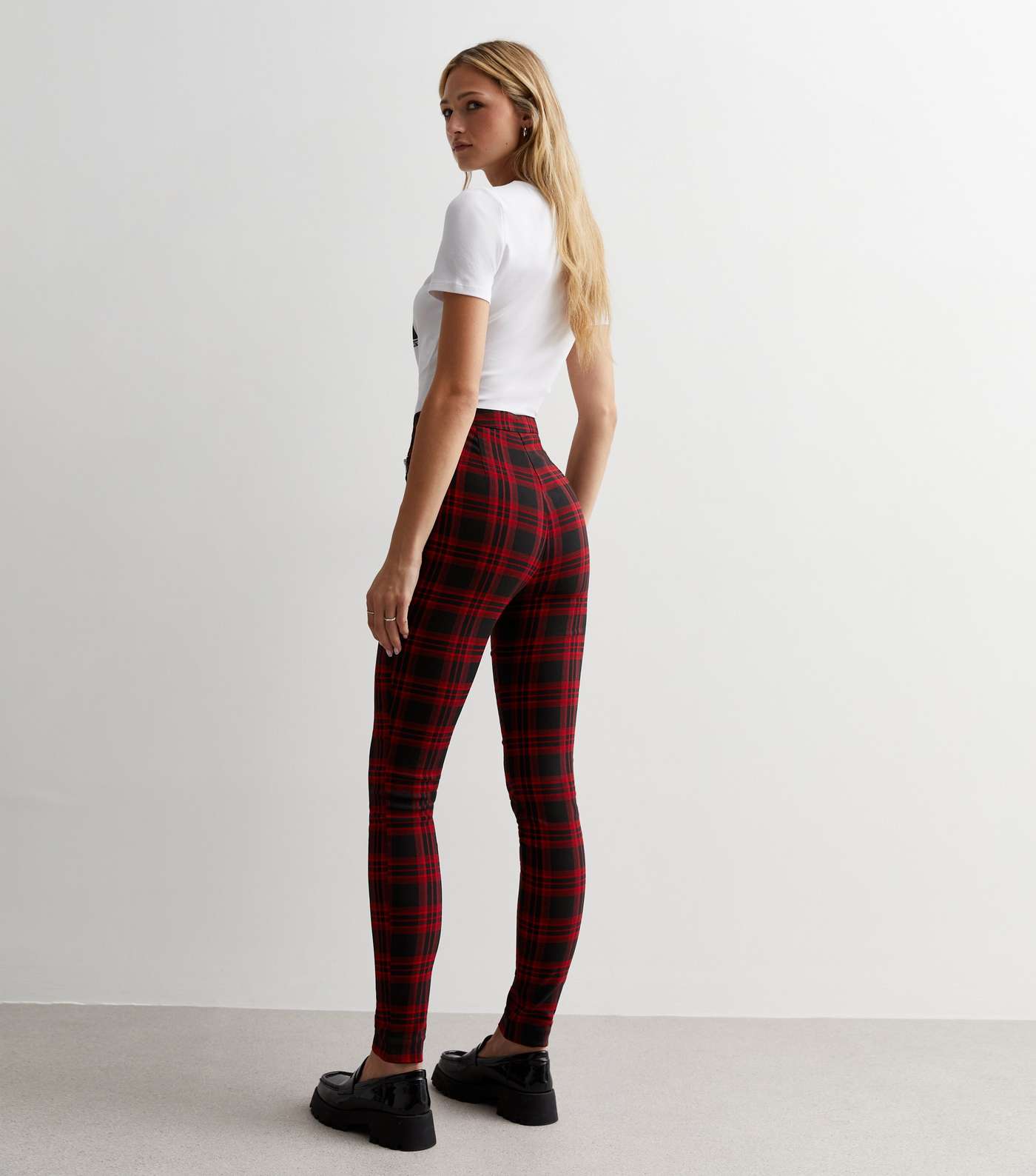 Red Check Print High Waist Slim Fit Trousers Image 4