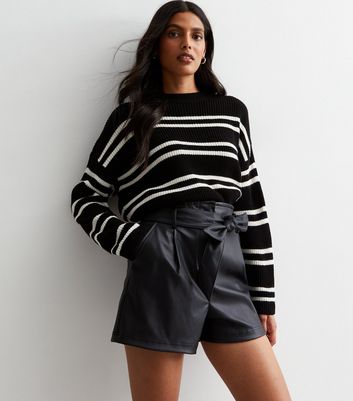 Black Leather-Look Belted Shorts New Look