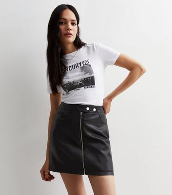 Black Leather-Look Zip Front Mini Skirt | New Look