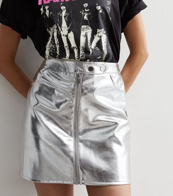 Silver Leather-Look Zip Front Mini Skirt | New Look